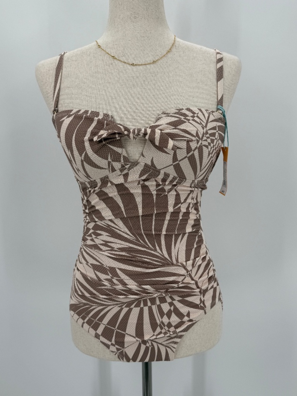 One Piece Swimsuit Palm Leaf Tan Brown Front Tie Keyhole Ruched Women XS